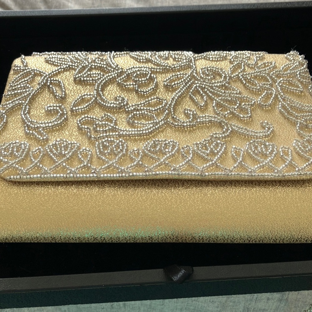 Gold Beaded Shoulder Evening Bag. Beaded Shoulder Strap Snap Closure Like New
